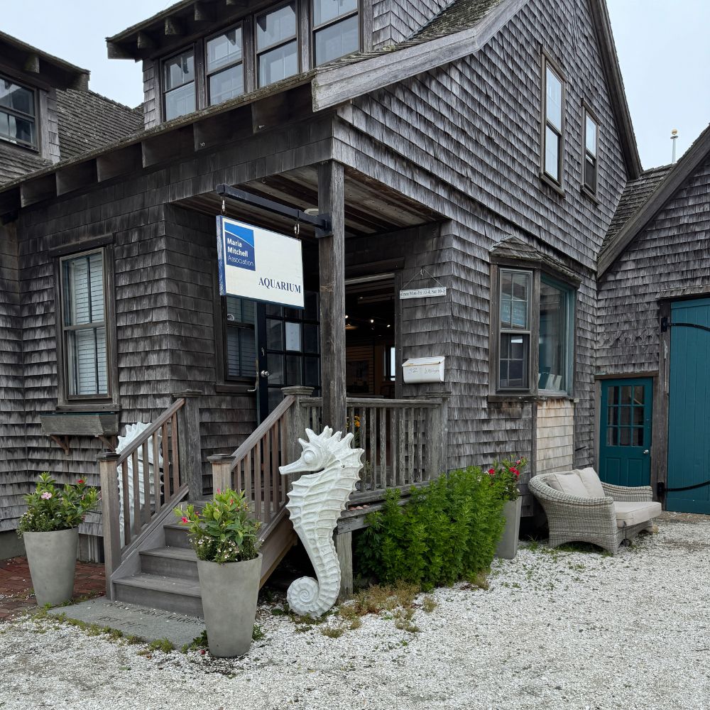 Gray shingle building with Maria Mitchell Aquarium sign in Nantucket Massachusetts