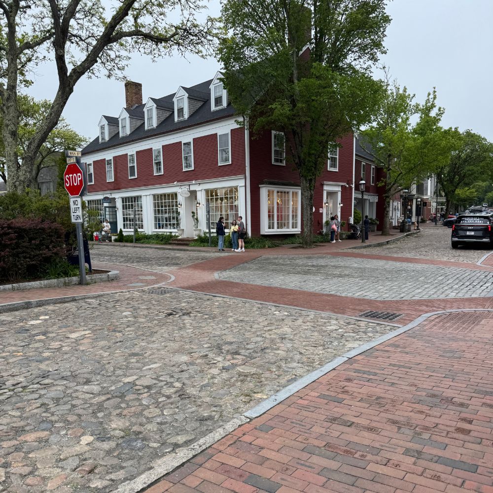 Red house and cobblestone streets in Nantucket Town