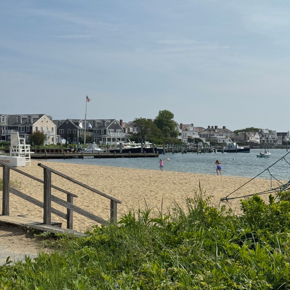 Children's Beach Nantucket with houses in background and children playing in the sand