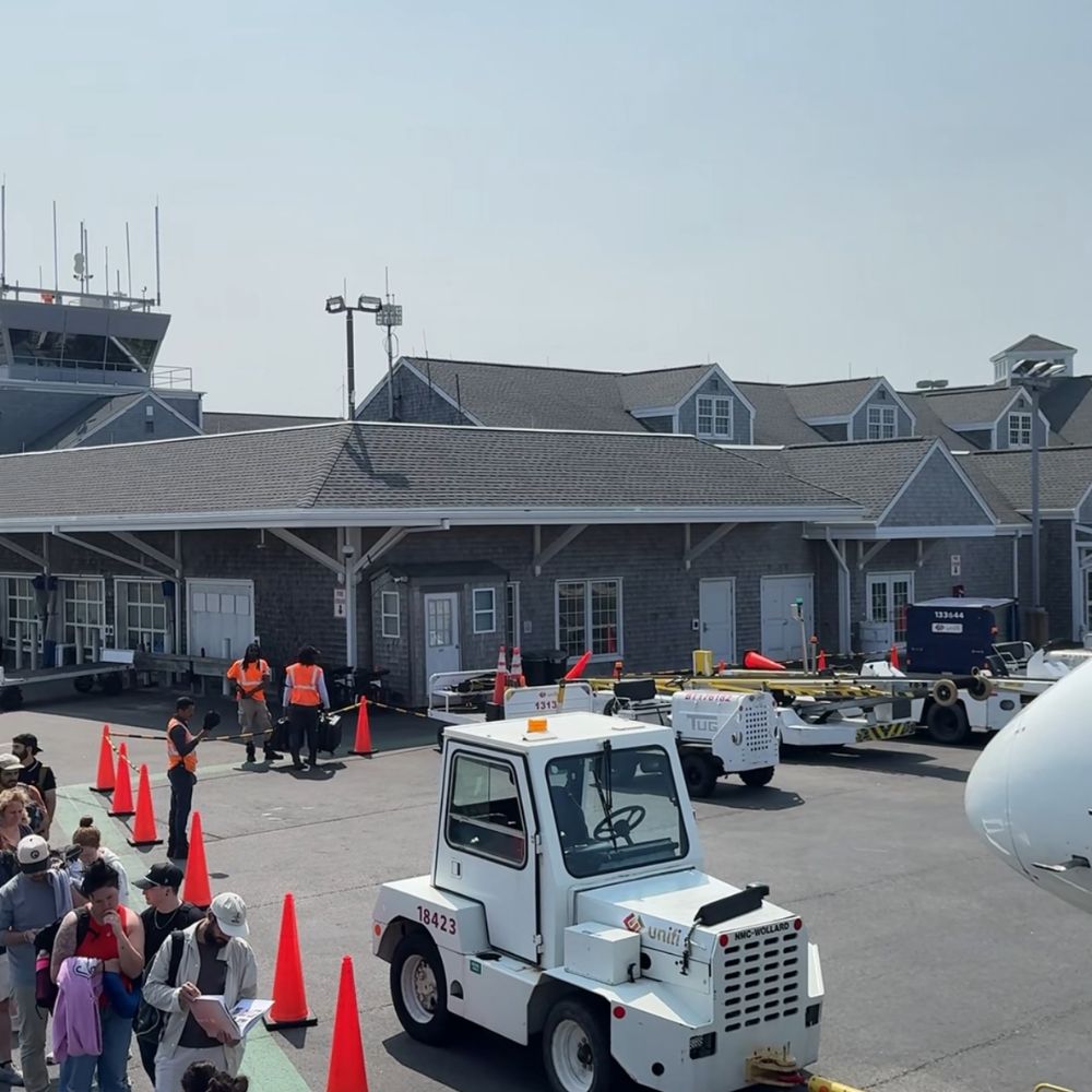 Passengers lined up for flight at airport in Nantucket Massachusetts