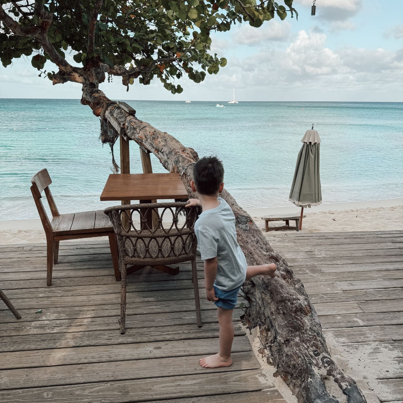 Young child in Grand Cayman on patio looking at Caribbean Sea