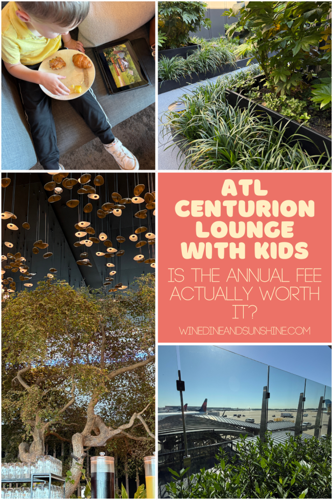 collage of photos from ATL Centurion Lounge runway views food and atmosphere