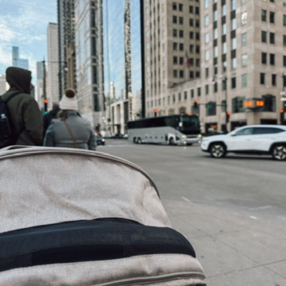 Downtown Chicago with stroller, people and traffic