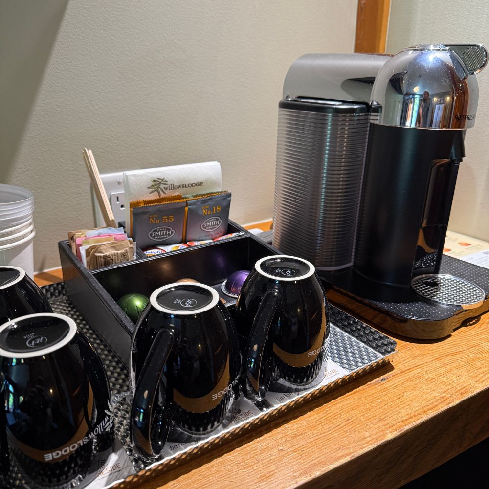 Nespresso machine and coffee cups at Willows Lodge