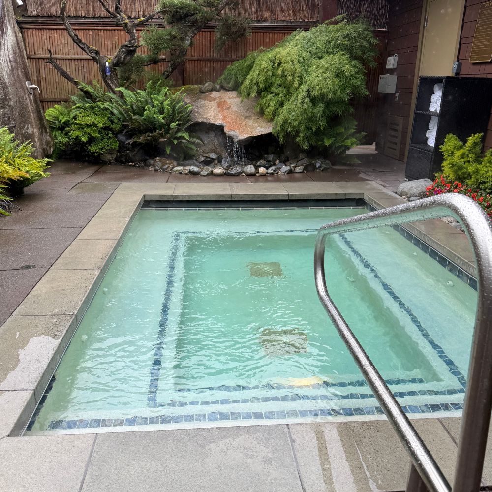 Small pool with greenery and waterfall at Willows Lodge Woodinville