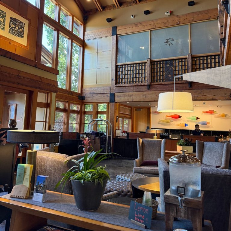 Lobby and front desk of Willows Lodge in Woodinville Washington