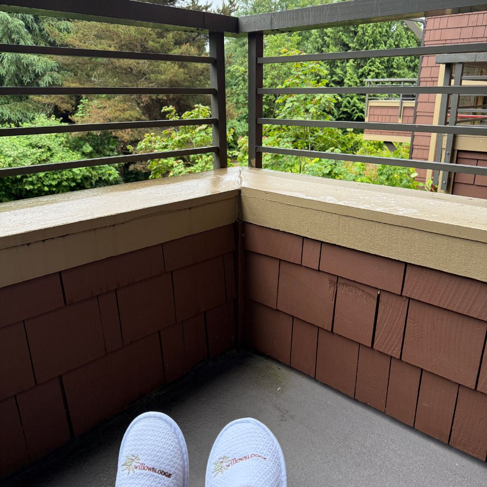 Slippers reading Willows Lodge on patio with greenery in background